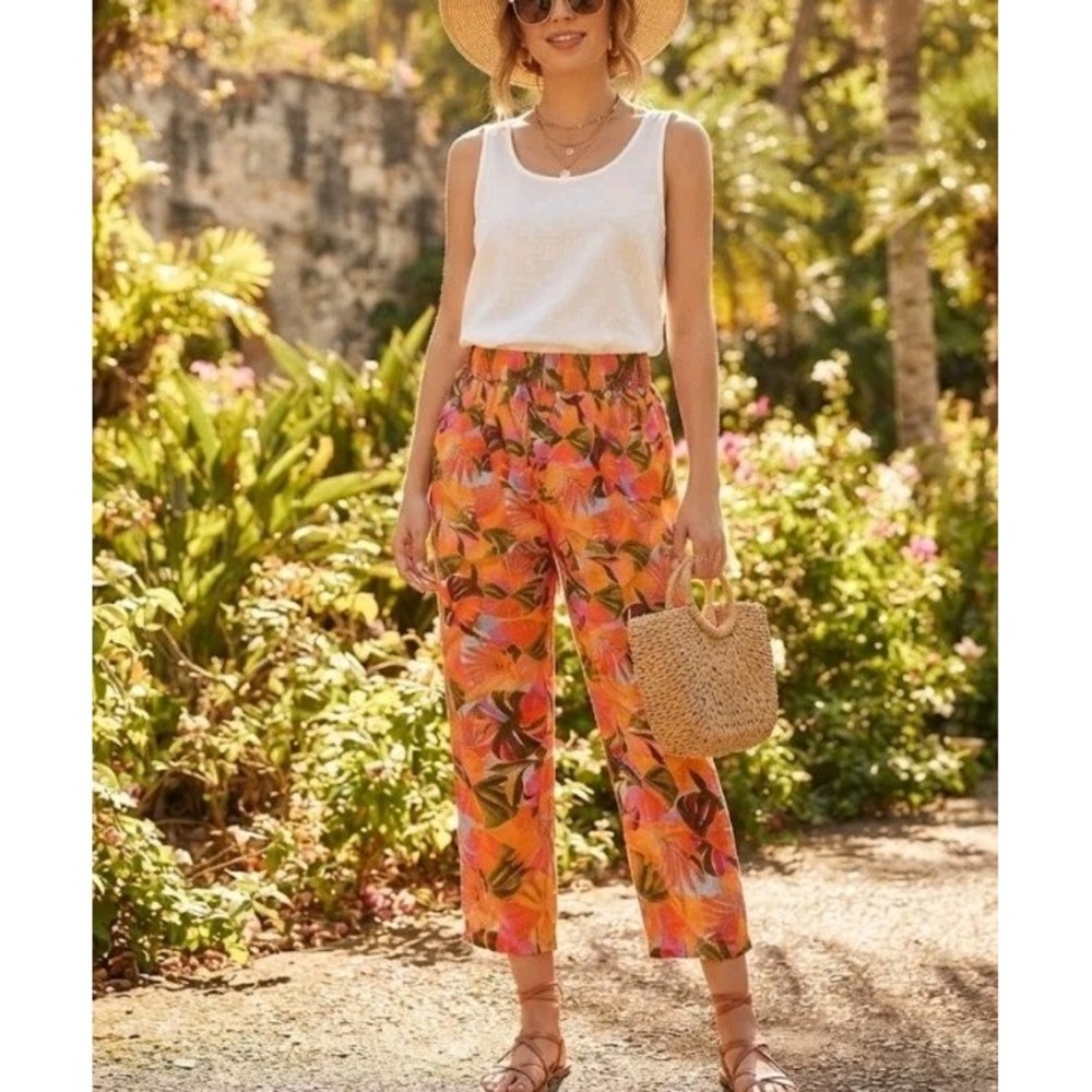 C&C California Linen Pants Womens XL Tropical Leaf Print Pull On Crop New...